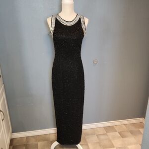 Vintage Black Lillie Rubin Silk Jeweled Sequin Back Slit Sleeveless Maxi Dress